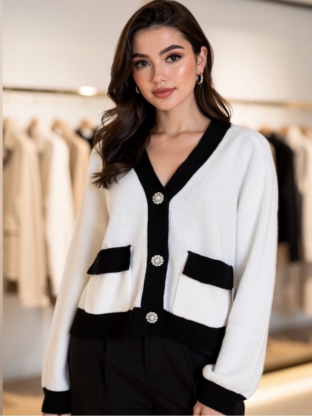 NWT Laundry by Shelli Segal Contrast Trim Pearl Button Cardigan Sweater Large